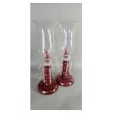 Pair of vintage cranberry glass hurricane lamps