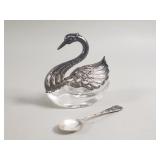 Sterling silver and crystal swan salt cellar