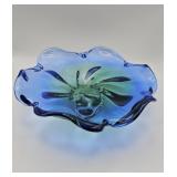 Hand-blown blue and green art glass bowl with