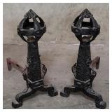 Pair of antique cast iron gothic andiron