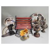 Group of silver plate, iron, candleholders,
