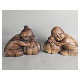 Pair of vintage Chinese hand-carved wood c