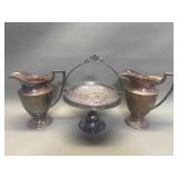 3 vintage silver plate pitchers and compote