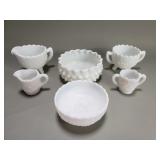 Group of milk glass bowls, cream & sugar, etc.