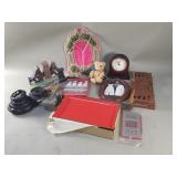 Box of misc marble book end, trinkets, stands, etc