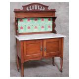 Antique mahogany and tile wash stand with marble