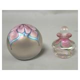 Signed art glass paperweight and perfume bottle