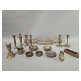 Group of vintage brass bud vases, figural bell,