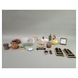 Military shoulder insignias, mud figures, lamp