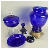 Group of vintage cobalt glass - vase, lidded