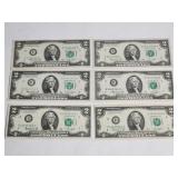 Six 1976 US $2 bills