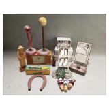 Box of vintage napkin rings, desk clock, bottle