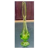 Mcm green glass vase with q