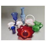 Group of vintage glass items, pitcher, vase,