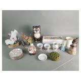 Box of porcelain and ceramic figurines, coin