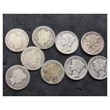 5 Barber and 4 Mercury silver dimes
