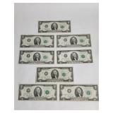 Eight 1974 US $2 bills