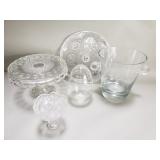 Group of glass items - cake stand, ice bucket,
