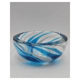 Hand-blown blue and white swirl art glass bowl