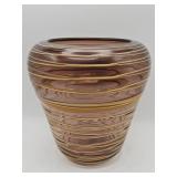 Vintage hand-blown threaded amber art glass vase