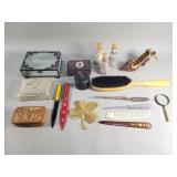 Group of glass, metal, ceramic, wood trinket