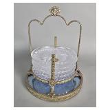Vintage crystal and brass coaster holder set