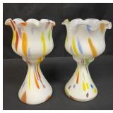 Vintage pair of hand blown art glass compote vases