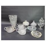 Cut glass creamer and sugar bowls, glass vase,