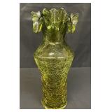 Vintage olive green crackle glass ruffled vase
