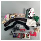 Box of miscellaneous items, fur shawl,