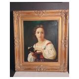 Vintage oil on canvas Victorian girl reading