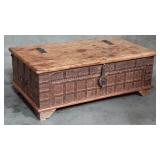 Vintage wood and metal storage trunk coffee table