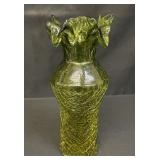Vintage olive green crackle glass ruffled vase