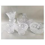Group of crystal basket vase and bowls