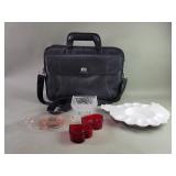 Hp faux leather briefcase, glass bowls, ceramic