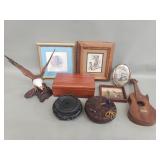 Group of prints, pine box,vintage framed photo