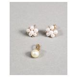 Pair of 14k gold and pearl earrings, and pendant