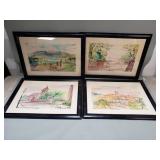 Four MCM French signed watercolors under glass