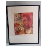 Signed cubist-syle watercolor and wax portrait