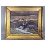 Signed Modernist-style oil on panel landscape
