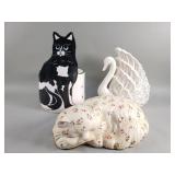 Group of ceramic planters, and cat