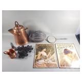 Vintage copper pitcher, metal advertisements,