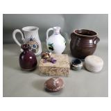 Group of pottery, pitchers, vase, trinket dish,