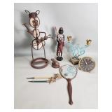 Metal and stone sculpture, carved wood figure,