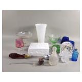 Milk glass trinket box, vase, uranium glass, etc