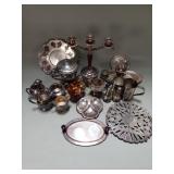 Vintage silver plate tea service pieces, candle