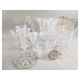 Group of glass tumblers, vase, cream, sugar, etc