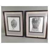 Pair of signed pencil drawing prints under glass