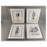 Four signed fashion prints under glass