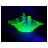 1930s Fenton Art Deco double swan uranium glass